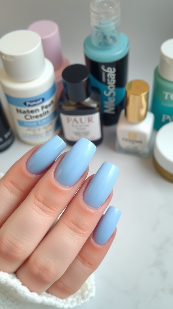 A close-up image of a hand with baby blue acrylic nails surrounded by various nail care products.