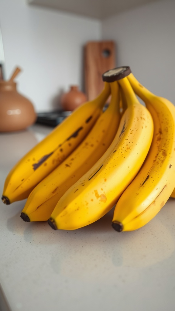 A bunch of ripe bananas on a kitchen counter
