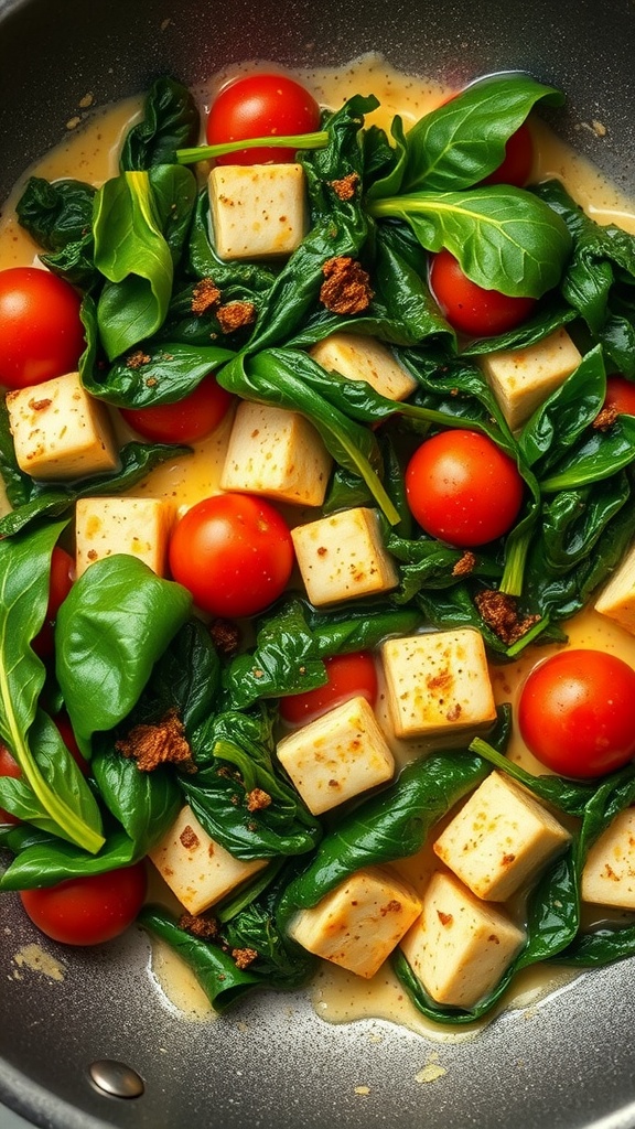 Tofu scramble with spinach and tomatoes in a skillet.