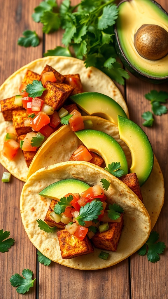 Tofu tacos with avocado and salsa on a wooden table.