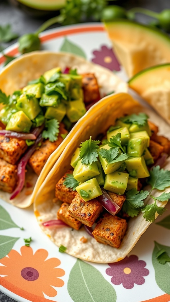 Tofu tacos with avocado salsa on a colorful plate