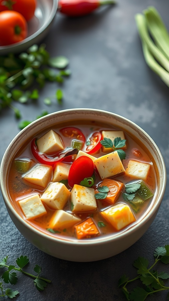 A bowl of Tofu Vegetable Soup filled with tofu cubes and colorful vegetables.