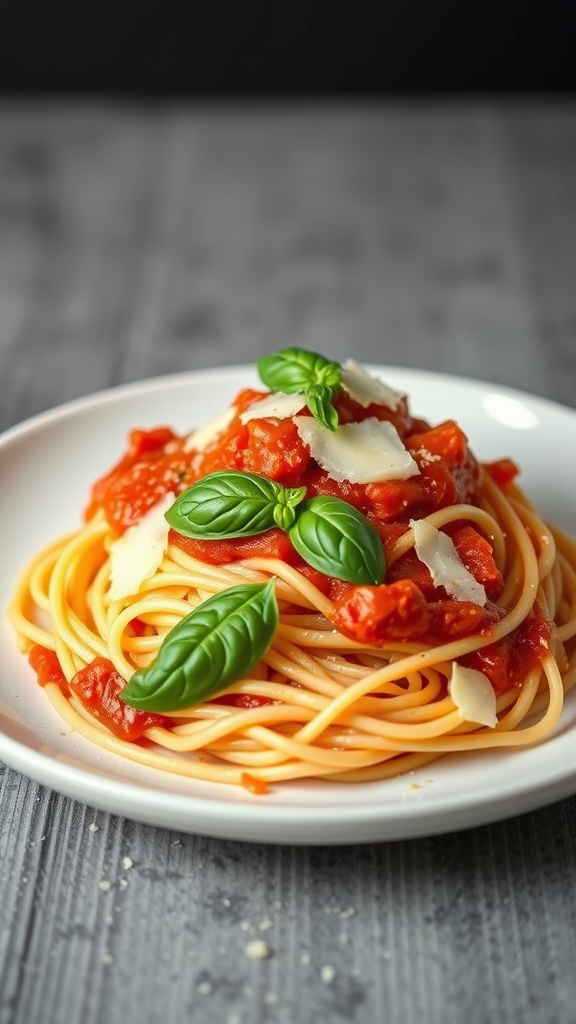 A serving of spaghetti topped with tomato cream sauce, garnished with basil and parmesan.