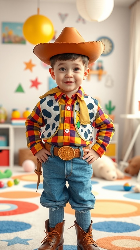A child dressed in a Toy Story-themed outfit, featuring a checkered shirt, spotted vest, cowboy hat, denim shorts, and brown boots.