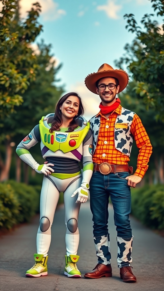 A couple dressed as Buzz Lightyear and Woody from Toy Story, smiling and posing outdoors.