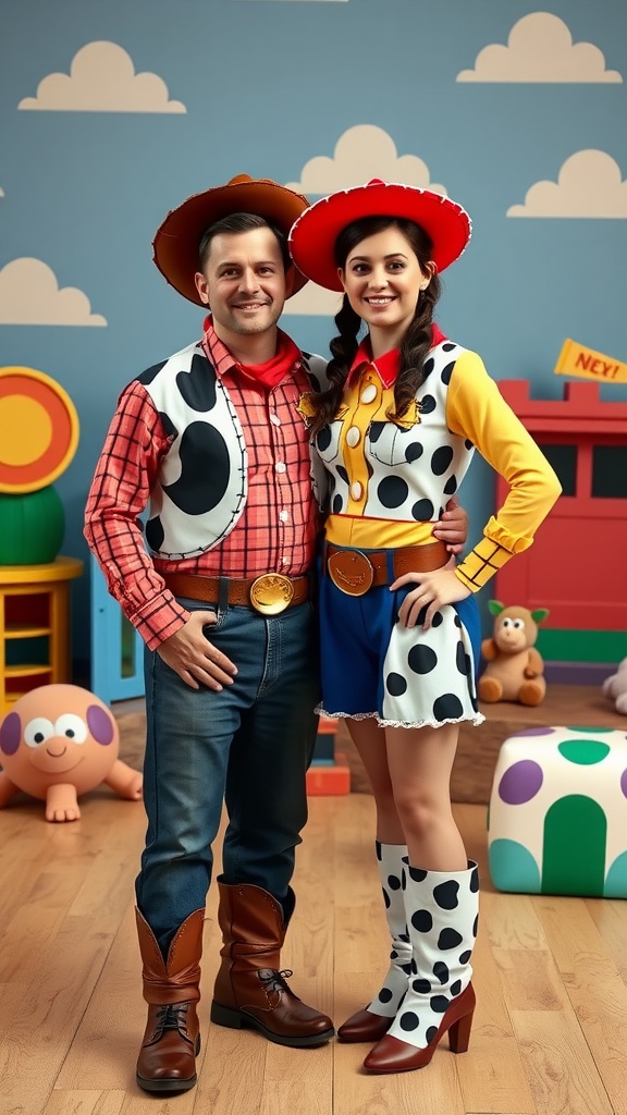 A couple dressed as Woody and Jessie from Toy Story, showcasing their vibrant matching outfits in a playful setting.