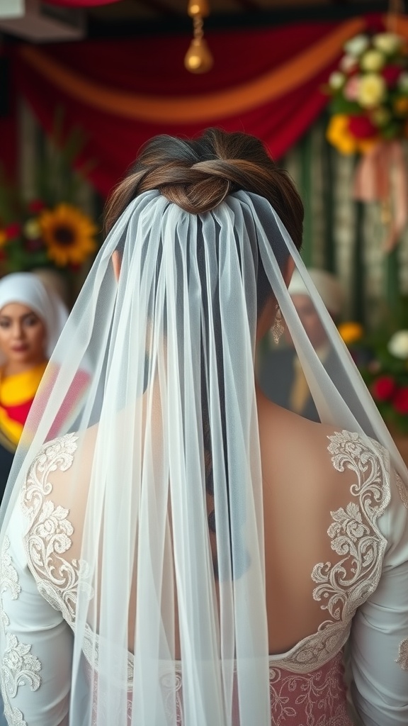 A bride showcasing a traditional braid with a veil overlay, highlighting elegance and style.