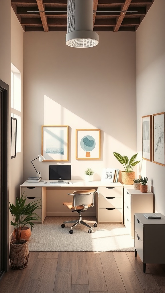 A small home office with light-colored walls, natural wood ceiling beams, a desk setup, and plants.
