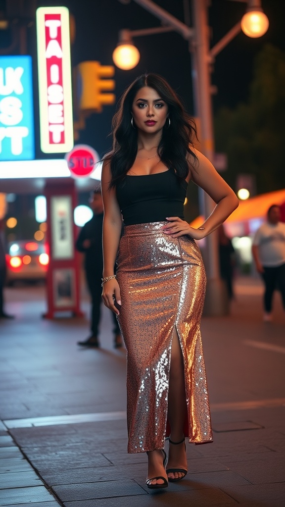 A woman in a shimmering midi skirt and black top poses confidently for a night out.