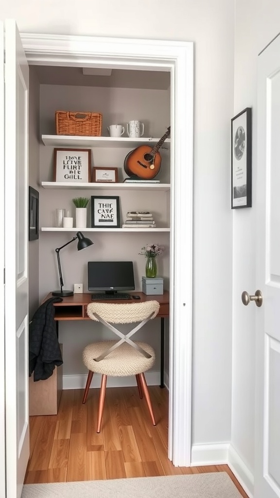 A small home office created in a closet featuring a desk, chair, and decorative shelves.