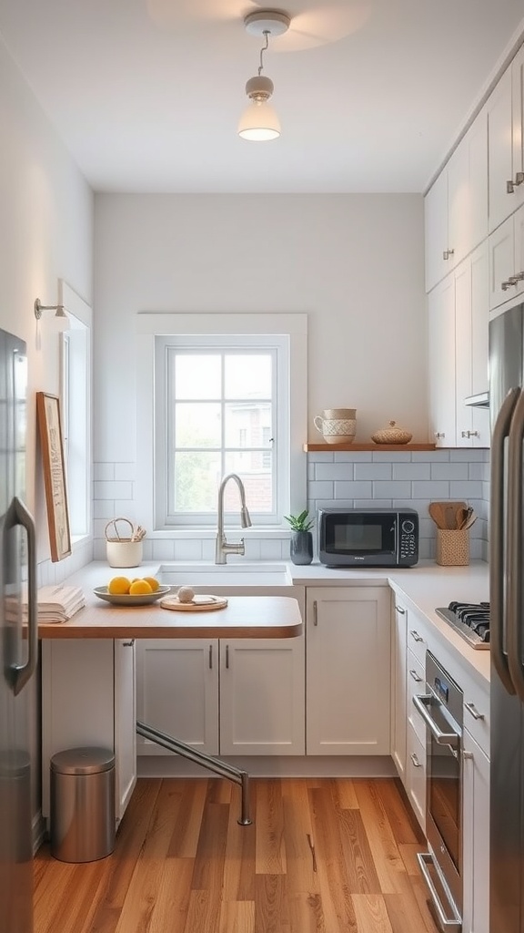 A small, modern apartment kitchen featuring a bright design, wooden accents, and an extended countertop for dining.