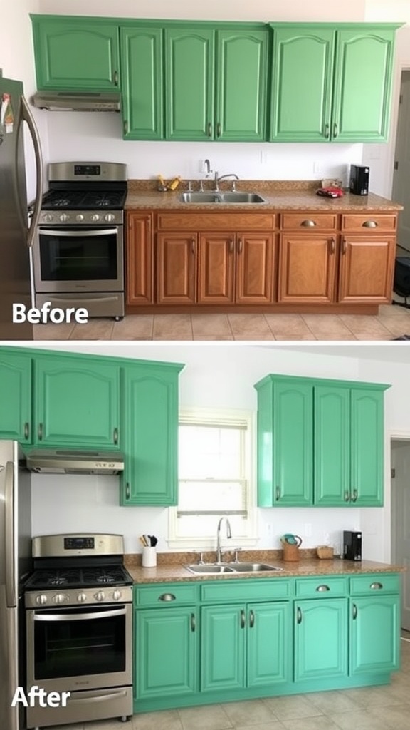 A kitchen with before and after images of cabinet refacing: old wood cabinets transformed to vibrant green.
