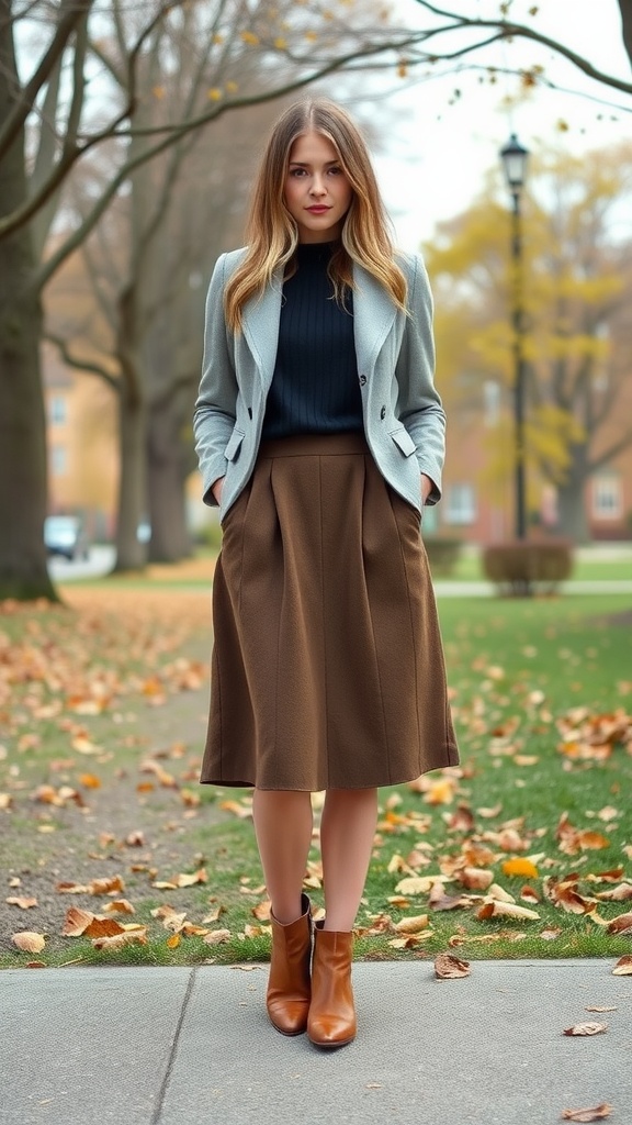 A stylish young woman wearing a brown midi skirt, navy sweater, and gray blazer, standing on a path with fallen leaves.