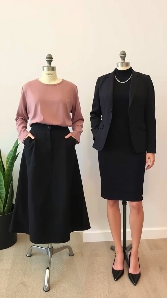 A comparison of two outfits featuring a black pencil skirt, one casual and one formal.