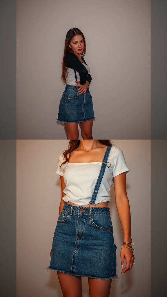 Two outfits featuring a stylish denim skirt, one casual and one dressy, showcasing versatility.