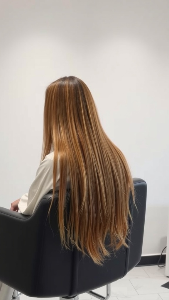 A woman with long hair sitting in a salon chair, showcasing a hairstyle transition.