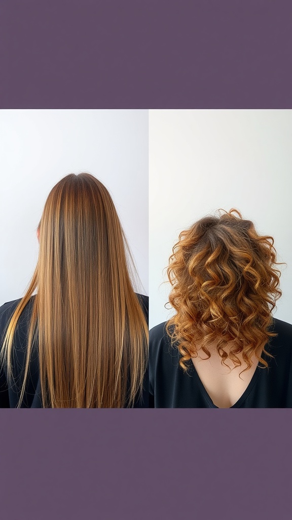 A comparison of straight hair and a curly mullet hairstyle, illustrating a transformation.