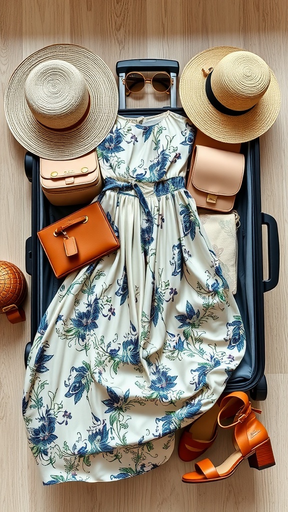 A beautifully patterned silk maxi skirt surrounded by accessories in an open suitcase.