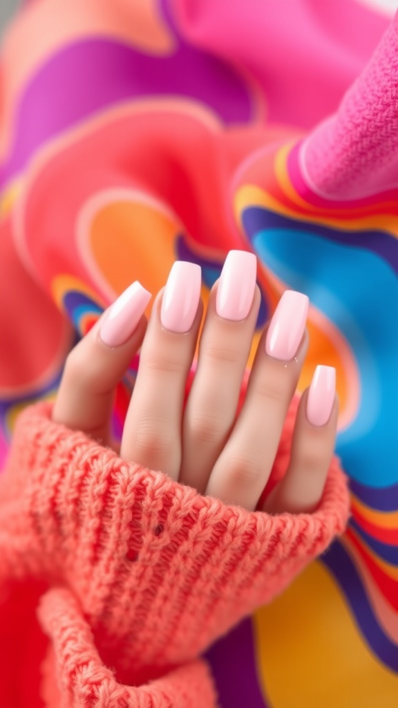 Light pink chrome almond nails on a hand wearing a coral sweater, with a colorful background.