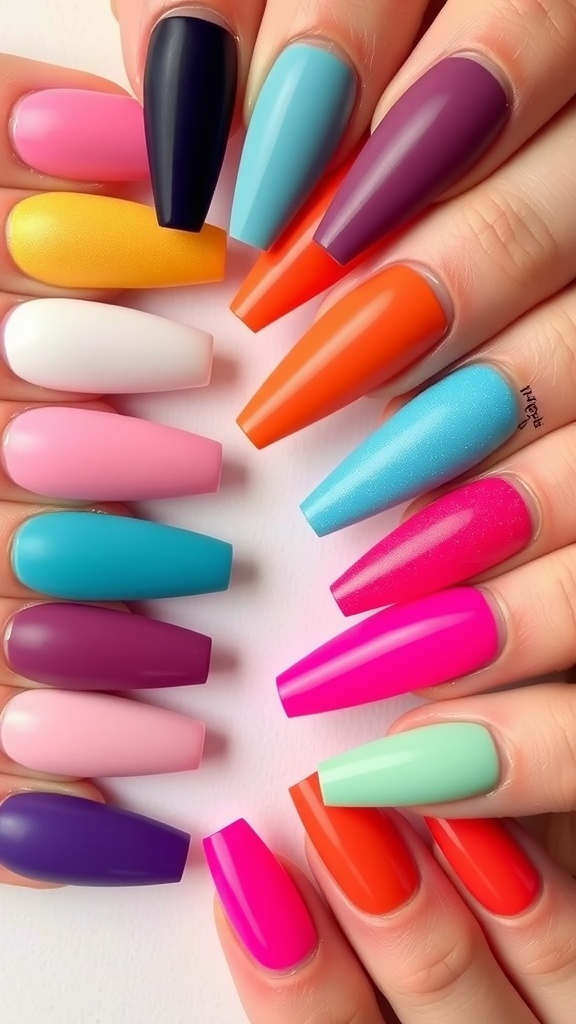 A collection of acrylic nails in various vibrant colors and finishes