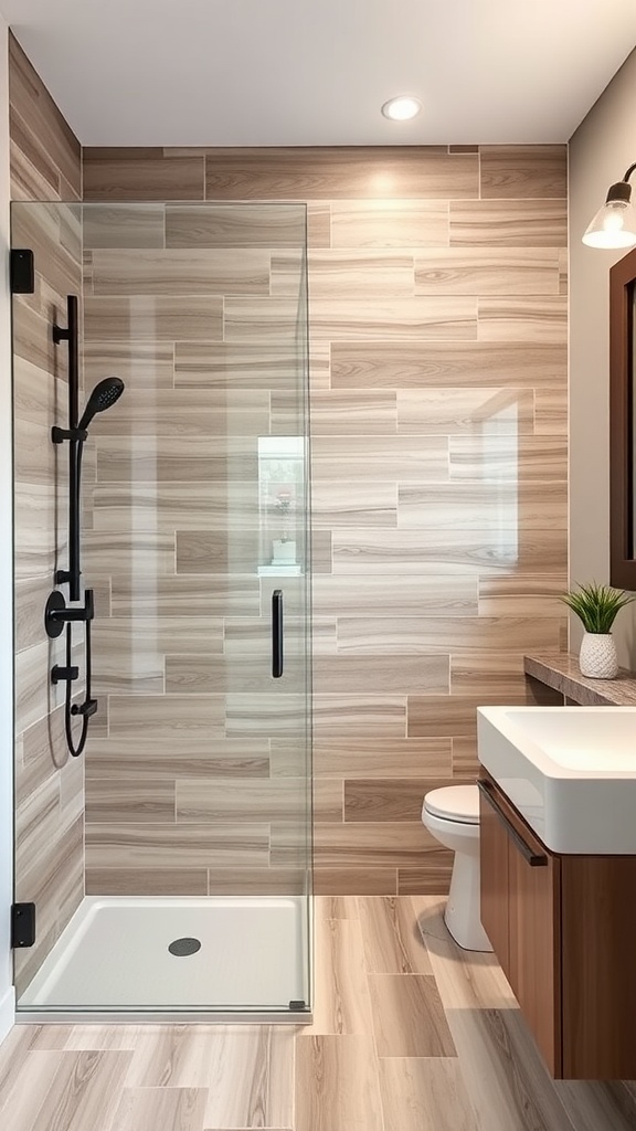 Modern bathroom shower with wood look tile walls, glass enclosure, and stylish fixtures.