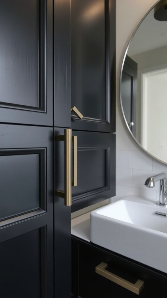 Close-up of black bathroom cabinets with gold hardware and a round mirror.