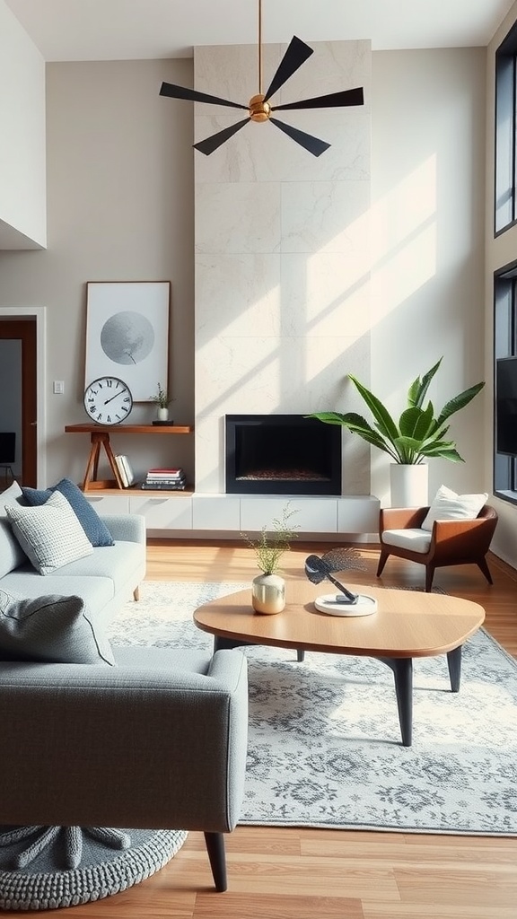 A modern living room featuring a mid-century modern coffee table, light-colored sofa, and large windows.