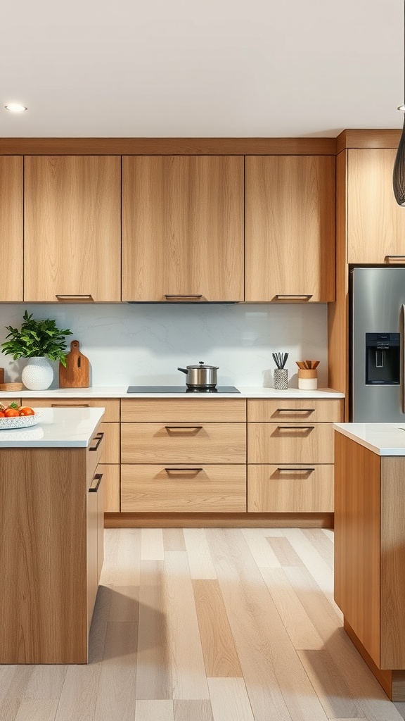 A modern kitchen featuring white oak cabinets with minimalistic hardware and light countertops.