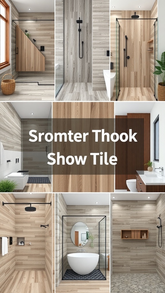 A collage of wood look tiles in various bathroom designs, showcasing different styles and arrangements for shower walls.
