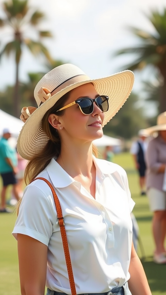A woman in a wide-brimmed hat and sunglasses standing on a golf course