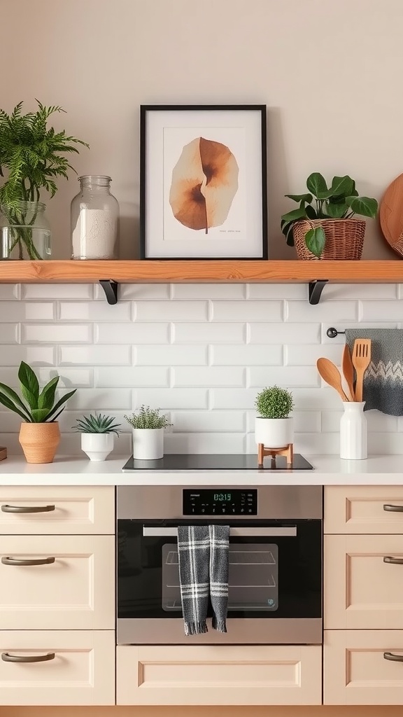 A modern kitchen featuring beige cabinets, decorative plants, artwork, and kitchen accessories.