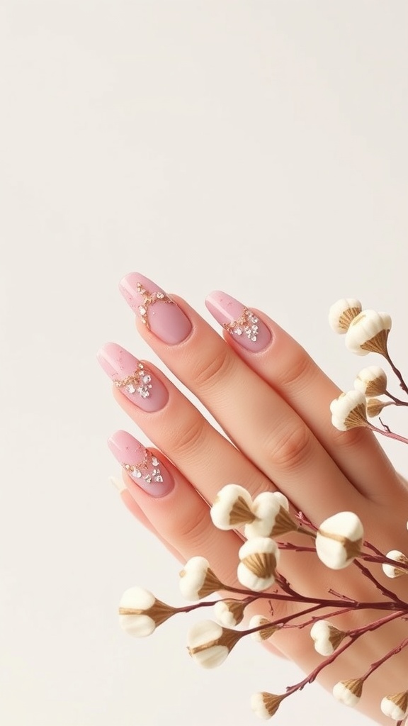Close-up of almond-shaped nails with soft pink colors and sparkly designs, surrounded by natural twigs.