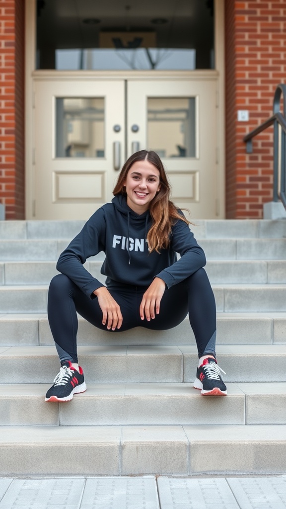 Young woman in black athleisure outfit sitting on steps with a cheerful smile.