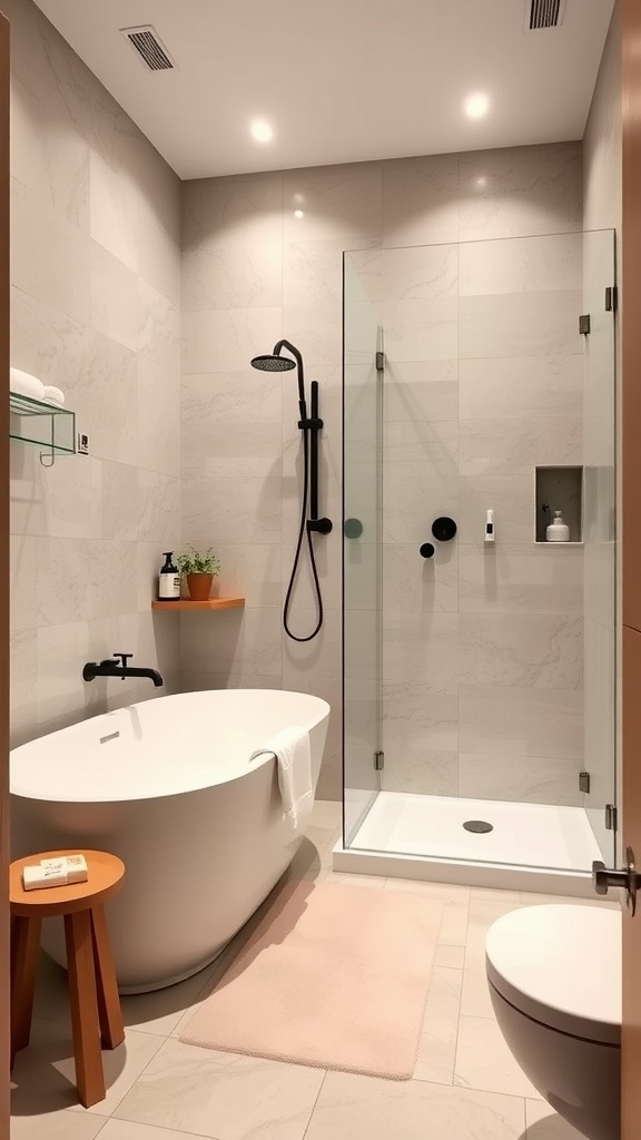 A stylish small bathroom featuring a freestanding bathtub, modern shower, and elegant decor.
