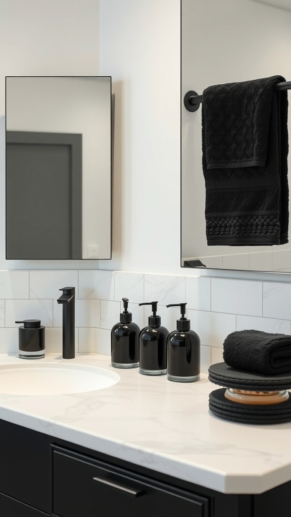 Modern black bathroom accessories with towels and soap dispensers