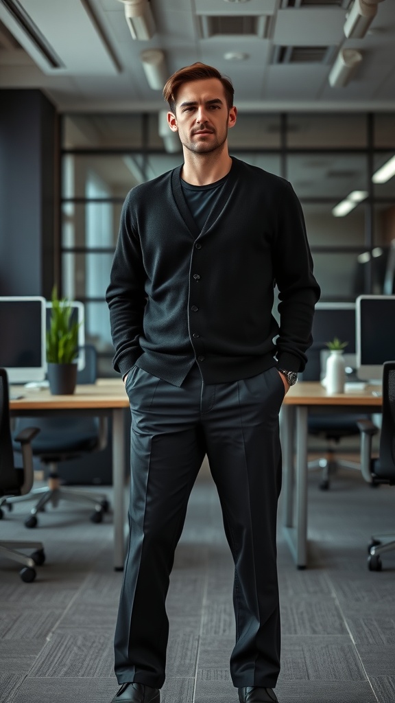 A man wearing a black cardigan over tailored trousers, standing confidently in a modern office setting.