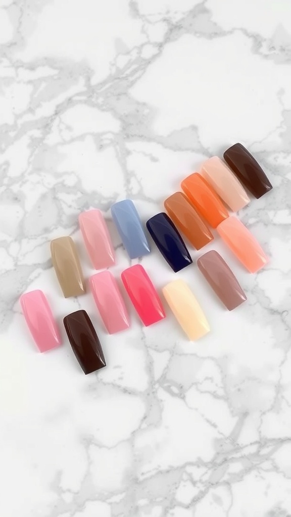 A selection of short square acrylic nail colors displayed on a marbled background.