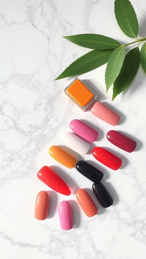 A variety of almond nails in trendy colors including red, pink, orange, and black on a marble background with green leaves.
