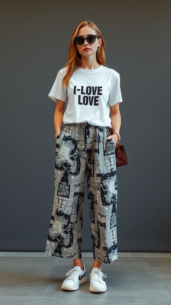 A woman in a white graphic tee and patterned culottes, wearing sunglasses and sneakers.