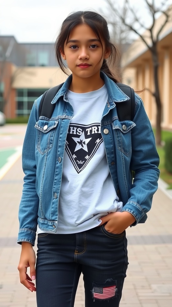 A student in a denim jacket with a graphic tee and jeans, standing outside a school.