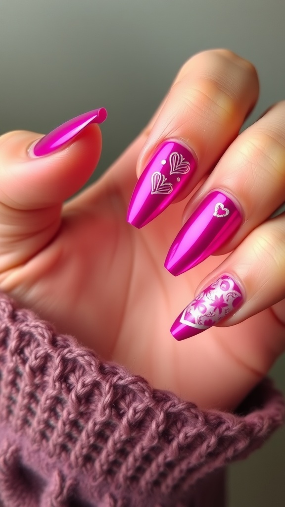 Close-up of hot pink chrome nails with decorative patterns