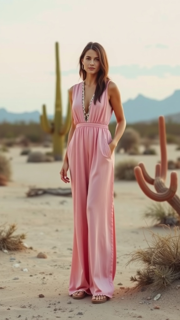 A woman in a pink bohemian jumpsuit standing in a desert landscape with cacti.