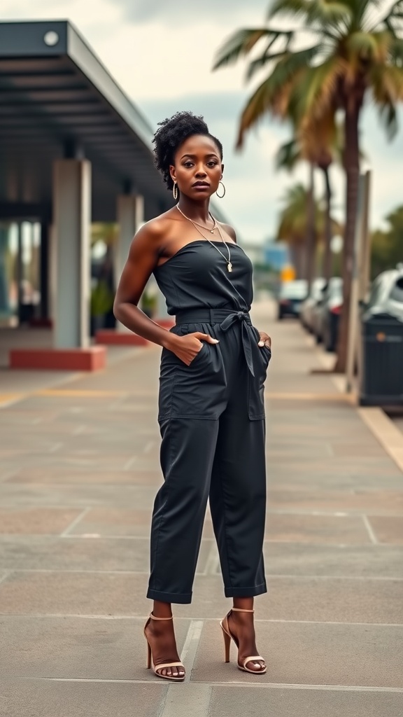 A woman in a stylish black jumpsuit stands confidently outdoors, with palm trees in the background.