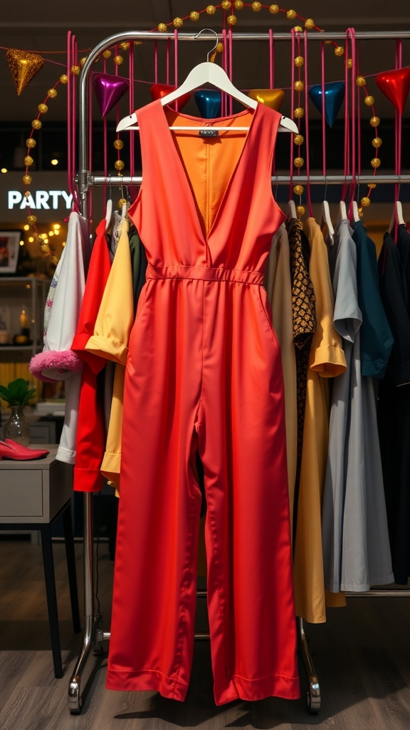 A vibrant red jumpsuit displayed on a rack with colorful outfits in a festive setting.