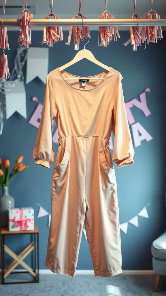 A light beige jumpsuit with puffed sleeves and pockets, hanging against a festive background.