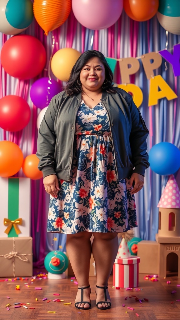 A plus-size woman in a floral dress and light jacket, standing in a festive setting with balloons and decorations.
