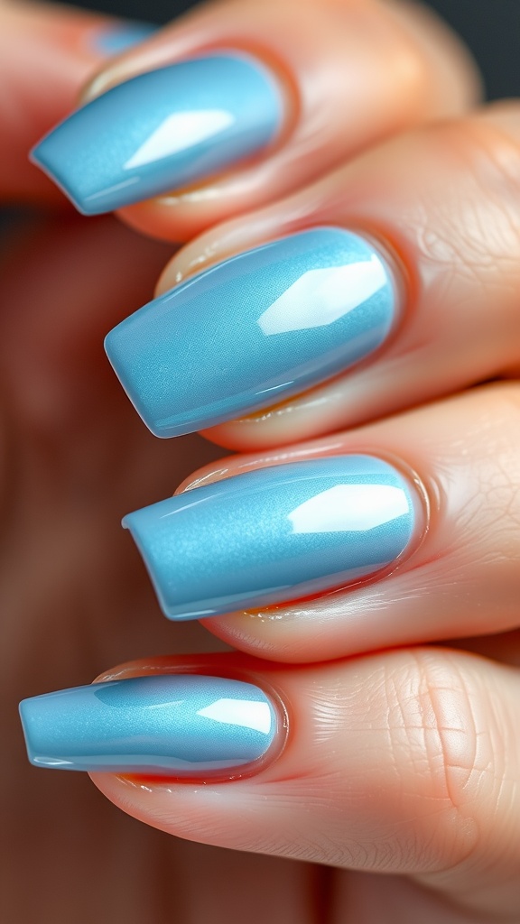 Close-up of light blue chrome nails with a glossy finish