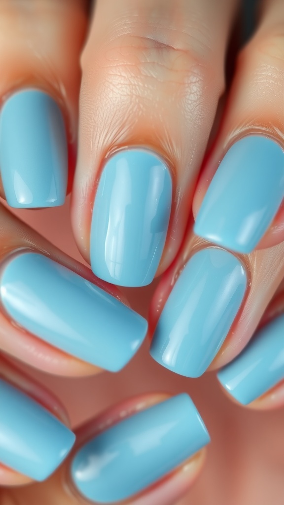 Close-up of light blue chrome nails with a glossy finish