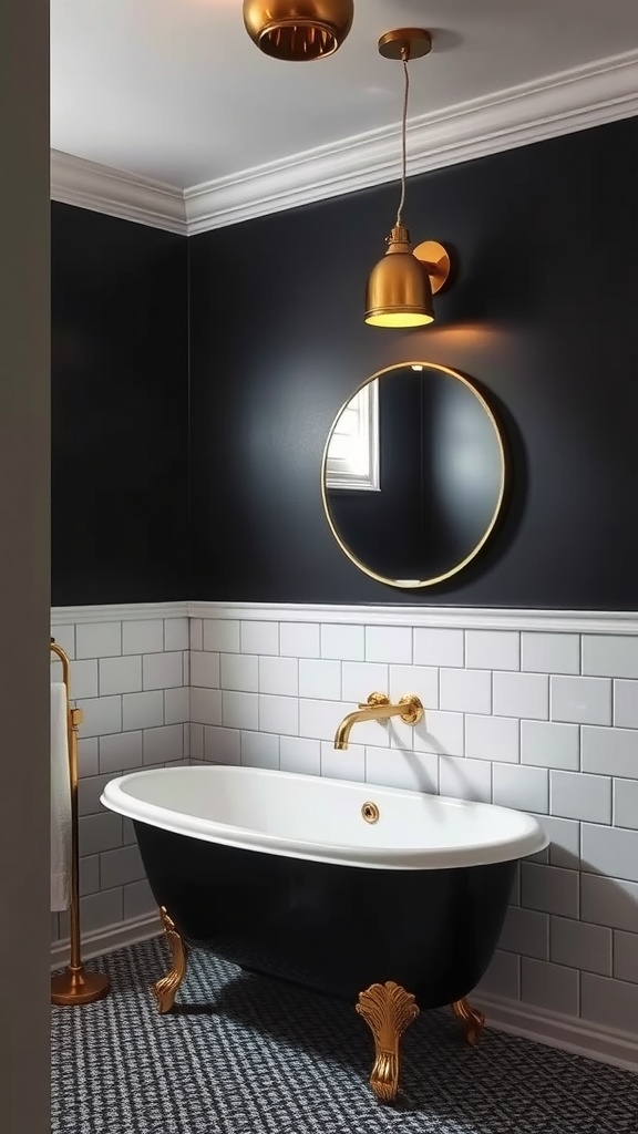 A stylish black and gold bathroom featuring trendy lighting solutions
