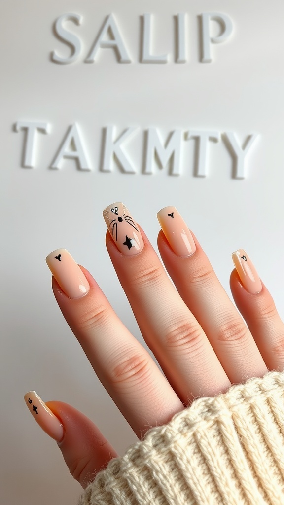 A hand with nude acrylic nails featuring black heart and star designs on a neutral background.